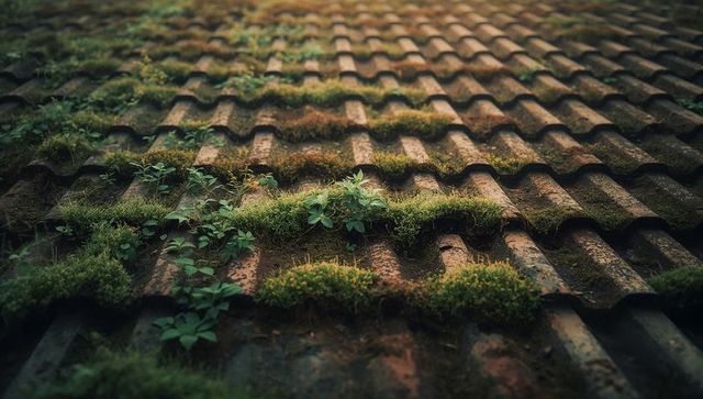 Weathered Roof with Moss and Plants Showcasing Natural Reclamation