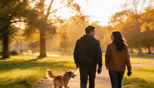 Couple Walking Dog at Golden Hour in Park During Autumn Evening Stroll with Smartphones