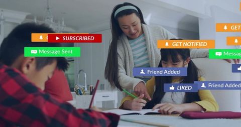 Mother guiding daughter doing homework at kitchen table with floating social media alerts