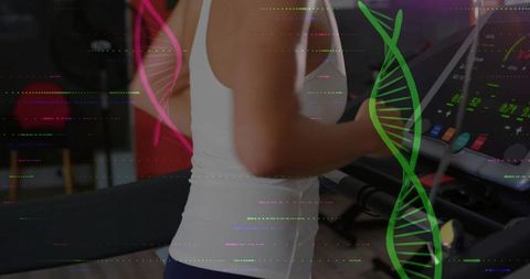 Runner Engaged in High-Tech Workout with DNA and Fitness Tracker Overlay