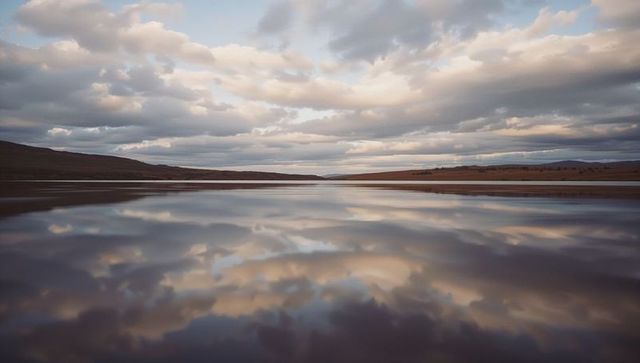 Tranquil Lake Reflecting Soft Clouds Amid Peaceful Hills
