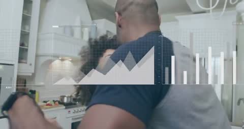 Couple Embracing in Smart Kitchen with Digital Data Interface