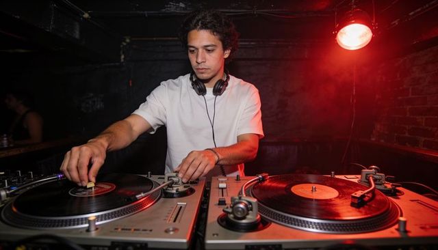 Underground dj cueing vinyl on twin turntables under red club light, smoky basement vibe