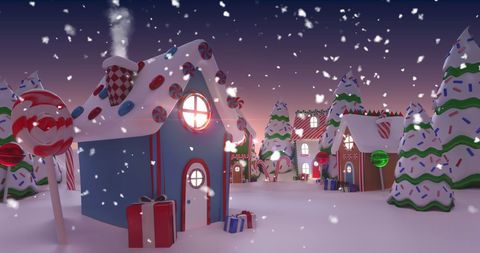 Festive Winter Wonderland with Snowy Candy-themed Houses - Download Free Stock Images Pikwizard.com