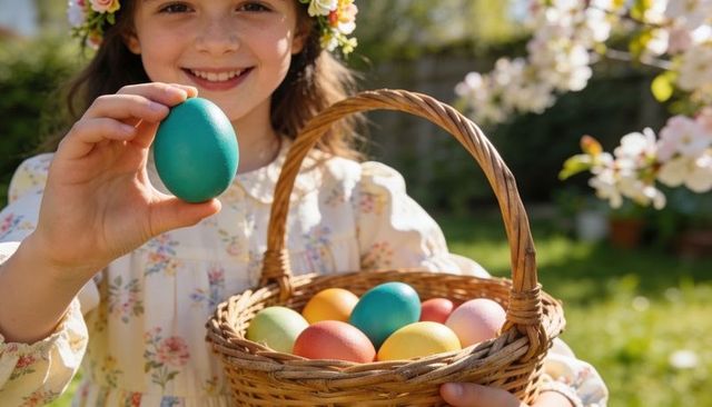 Smiling girl in floral dress holding teal easter egg with wicker basket in spring garden