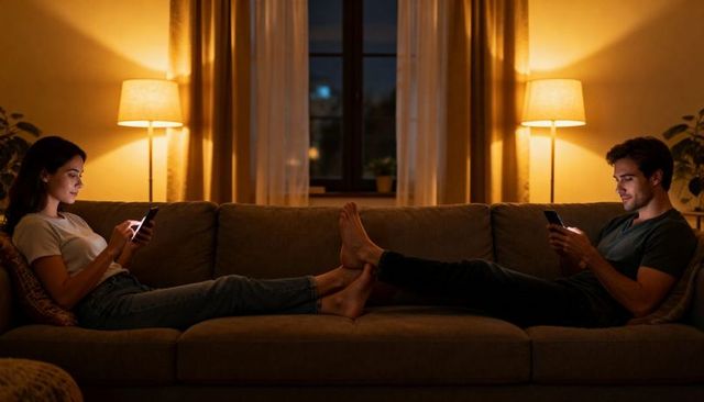 Couple scrolling phones and touching feet on sofa at night in cozy amber living room