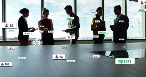 Corporate team collaborating with mobile devices and live social media analytics overlays