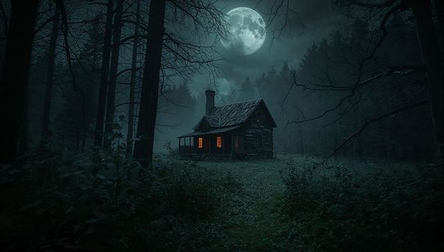 Mystical Cabin under Moonlight in Forest