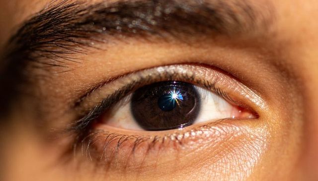 Macro close-up of brown eye with starburst catchlight and detailed pupil texture