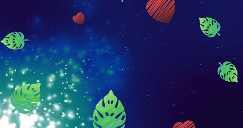 Vibrant leaves floating in cosmic night sky
