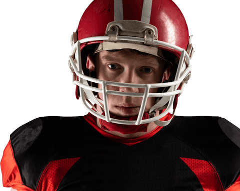 Confident young football player wearing red helmet on transparent background