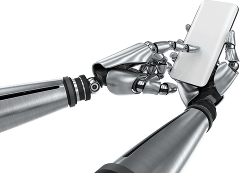 Robotic hands interacting with smartphone, transparent background