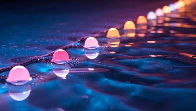 Glowing pink domes reflecting on glossy rippling water with neon blue and orange bokeh