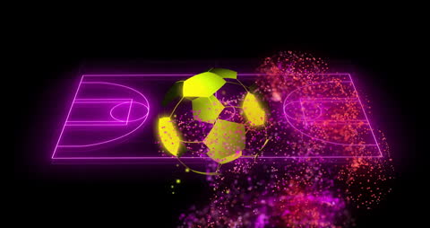 Neon Football Over Basketball Court with Particle Effects