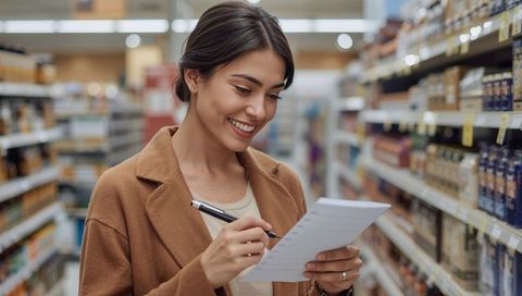 Smiling woman checking shopping list in supermarket aisle planning grocery purchases