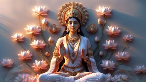Serene Hindu Goddess Meditation Amid Lotus Blossoms
