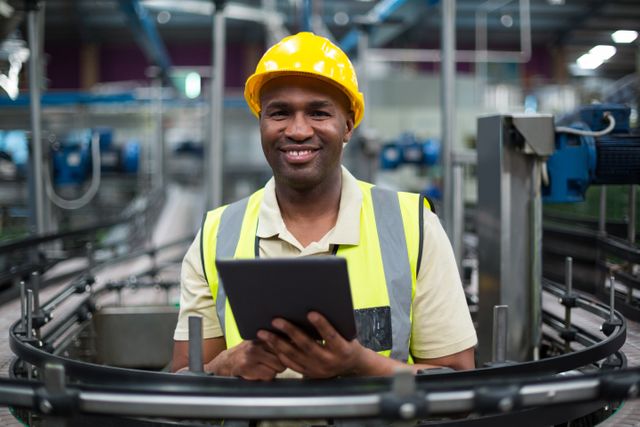 Portrait of smiling factory worker using a digital tablet in the factory