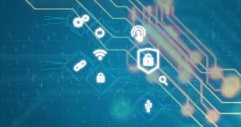 Neon Cybersecurity Concept with Padlock and Shield Icons on Blue Grid Background