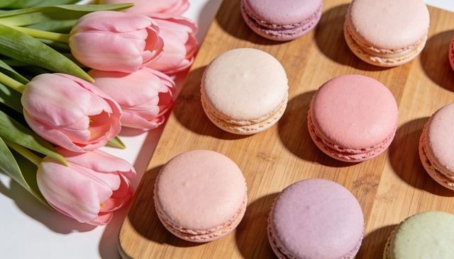 Displaying pastel macarons on wooden board with pink tulips catching sunlight