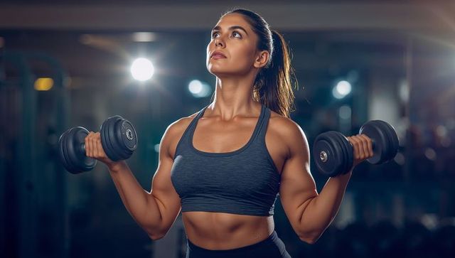 Athletic woman performing dumbbell shoulder press under dramatic gym lights, showing strength