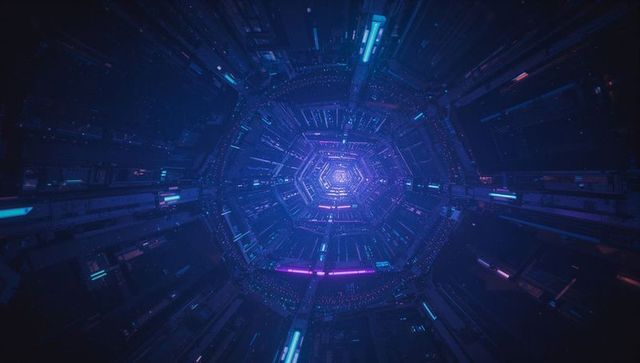 Futuristic cyberpunk tunnel with neon glowing strips