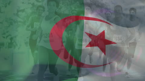 People Running Marathon with Superimposed Algerian Flag Overlay