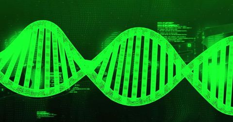 Abstract Spinning DNA Strand on Green Digital Matrix Background
