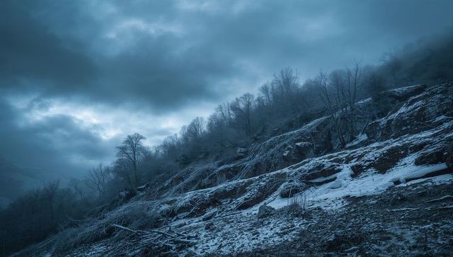 Moonlit frosted mountain ridge with steep rocky hillside and leafless trees at twilight