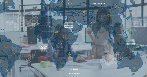Team collaborating with global data overlay and AR analytics in open-plan office