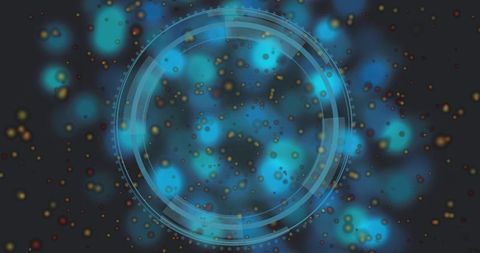 Glassy hud ring with concentric neon bands and cyan bokeh for futuristic digital interface