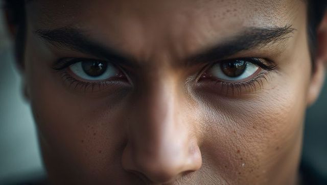 Intense focused male closeup portrait with detailed skin texture and piercing eyes