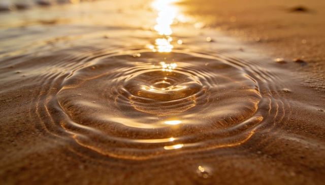 Sunlight rippling over wet sand creating golden concentric water rings on shoreline