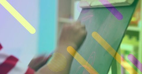 Child drawing on chalkboard with colorful graphic overlays for classroom creativity