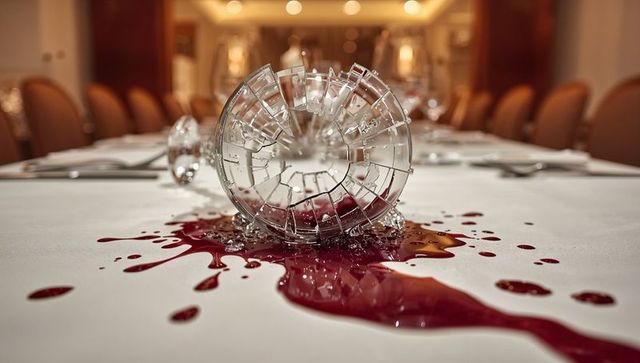 Shattered wine glass spilling red wine across white tablecloth in elegant formal dining