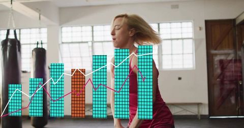 Female athlete training in gym displaying digital fitness analytics overlay and motion blur