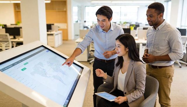 Business team collaborating around interactive touchscreen table exploring global data map
