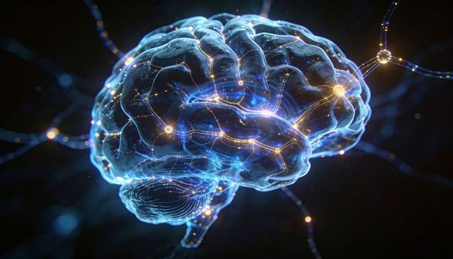 Translucent brain with glowing neural pathways and pulsing synapse nodes