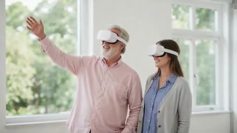 Senior Man with Young Woman Exploring Virtual Reality at Home