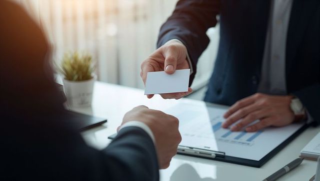 Exchanging business card during professional meeting with charts on desk