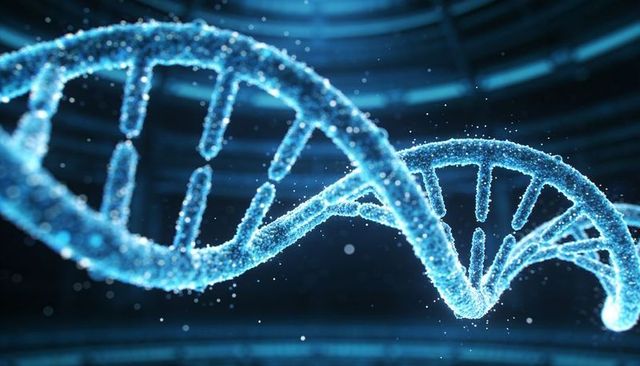 Glowing dna double helix rotating in futuristic lab chamber emitting particle filaments