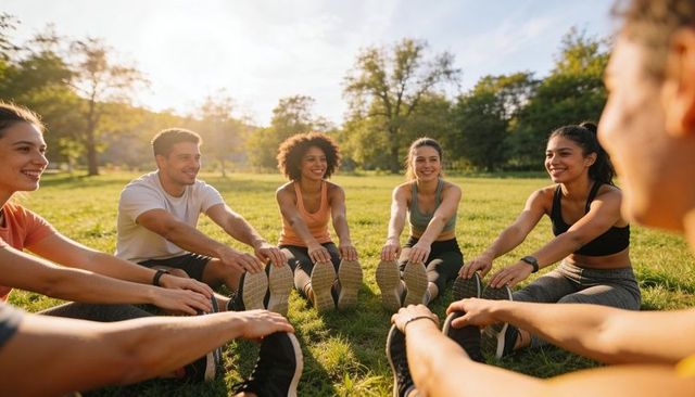 Group of adults stretching together on sunlit park lawn for outdoor fitness and wellness