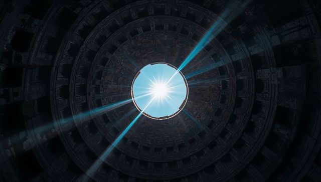 Oculus revealing sunburst through concentric historic dome with radial arches and sky rays