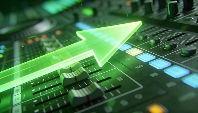 Neon Green Arrow Hovering Over Audio Mixing Console Highlighting Motorized Faders