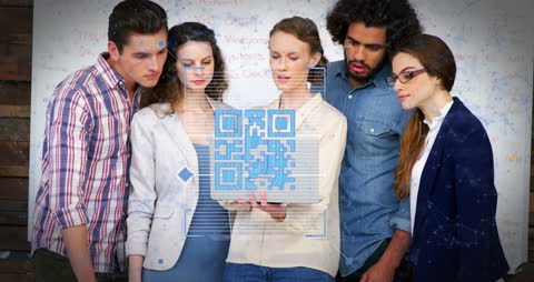 Team Collaborating with QR Code Technology Overlay