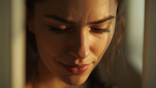 Sunlit closeup portrait of woman smiling with freckles and long lashes by window