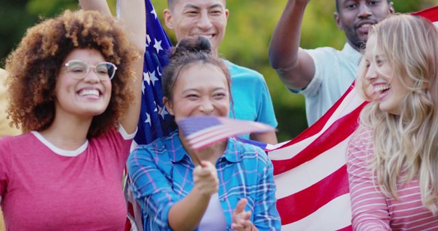 Happy Diverse Friends Celebrating with American Flag Outdoors - Download Free Stock Images Pikwizard.com