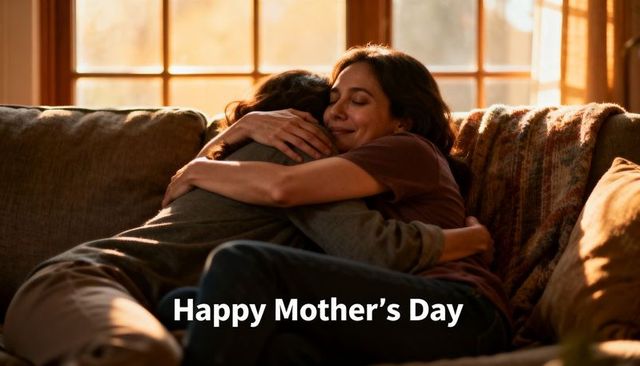 Mother and daughter embracing on sofa in warm sunlit living room celebrating mother's day