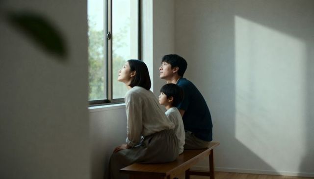 Serene family sitting on wooden bench looking out window in minimalist sunlit interior
