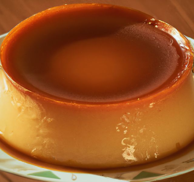 Close up of flan on table created using generative ai technology. Baking, food and cake concept, digitally generated image.