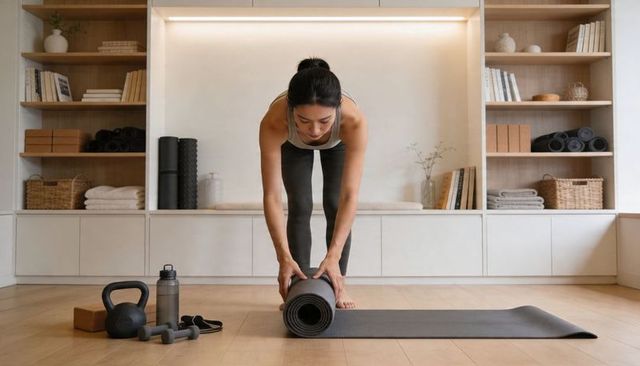 Asian woman unrolling yoga mat in minimalist home studio preparing for yoga and workout